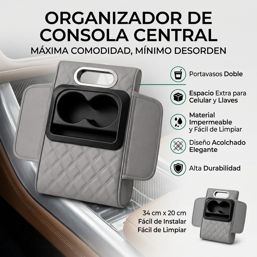 Apoyabrazos Universal para Auto con Portavasos y Bolsillos Laterales